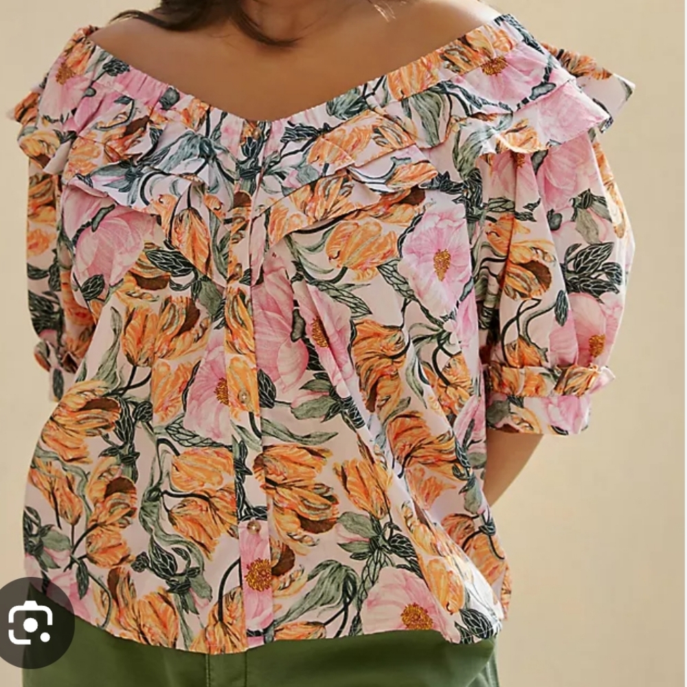 Cecilia Pettersson Anthropologie Pink Floral Ruffle Off The Shoulder Puff Sleeve
